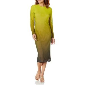 The Drop Ombre Sheer Mesh Long Sleeve Midi Dress Yellow Black‎